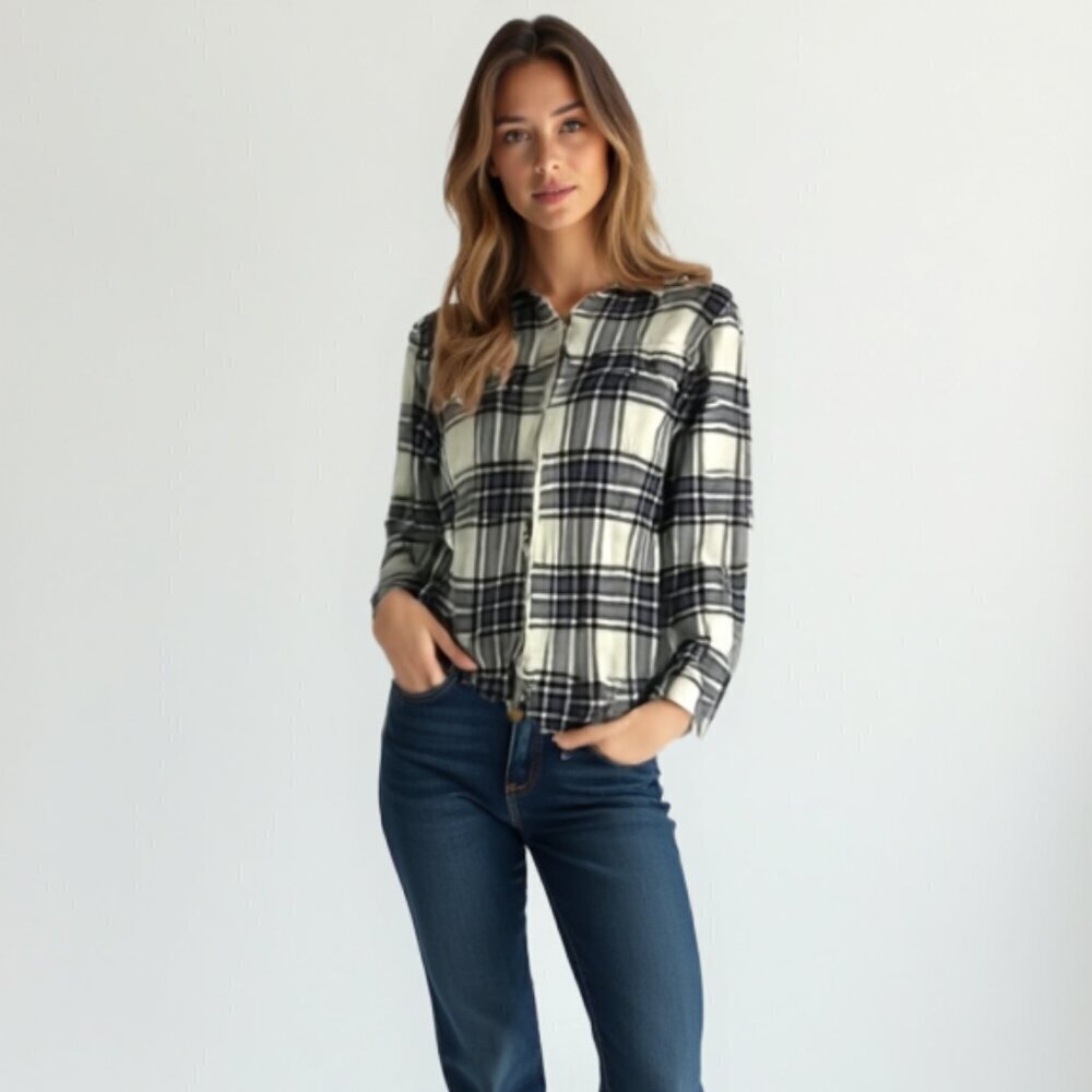 CHAPS Plaid Zip Front Flannel Shacket Shirt Jacket - Black White - Medium ❤️